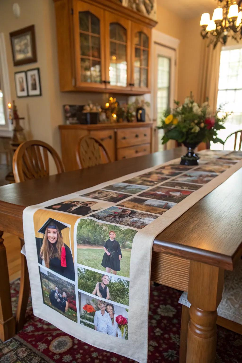 A photo collage table runner adds a personal and memorable touch to your decor.