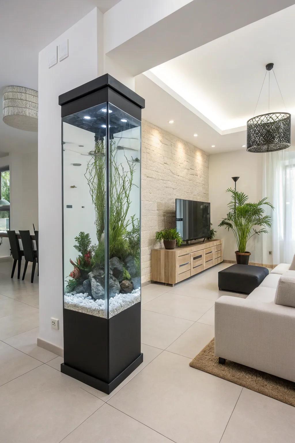 A modern and minimalist tall fish tank design.