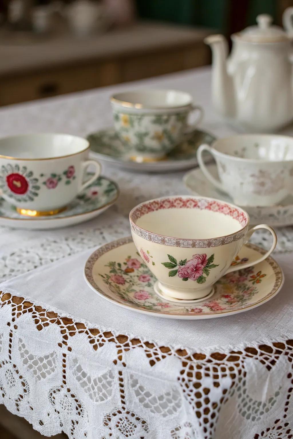 Vintage tea sets with mixed patterns create a whimsical tea party atmosphere.