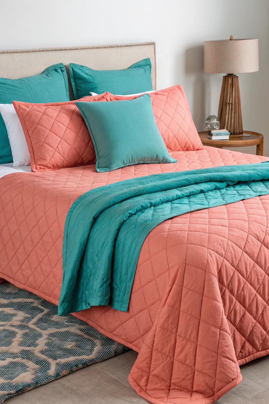 Coral bedding harmonized with teal throws for a warm touch.