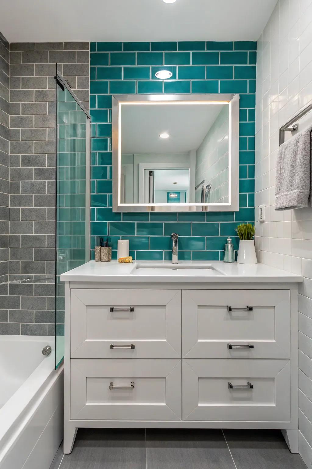 Create a striking focal point with a teal tile accent wall.