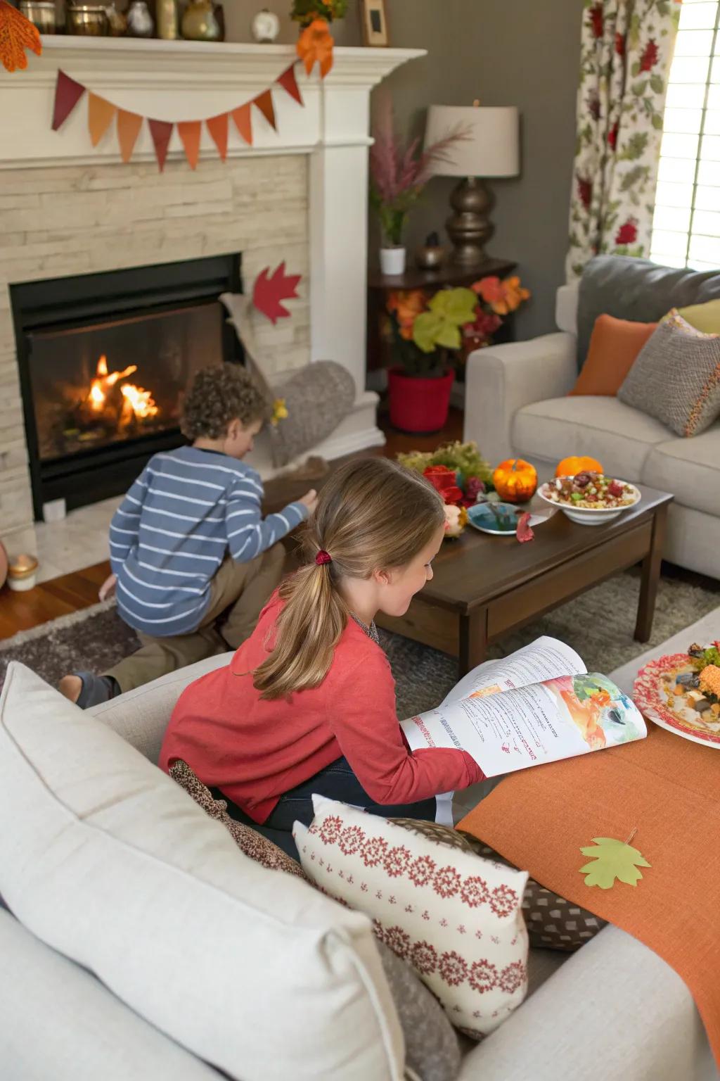 Kids eagerly searching for hidden paper turkeys during Thanksgiving.