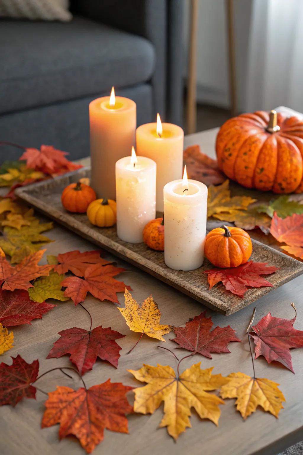 Candle clusters create a warm ambiance on a coffee table.