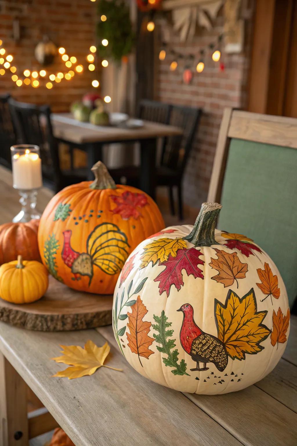 Colorful painted pumpkins with autumn motifs.