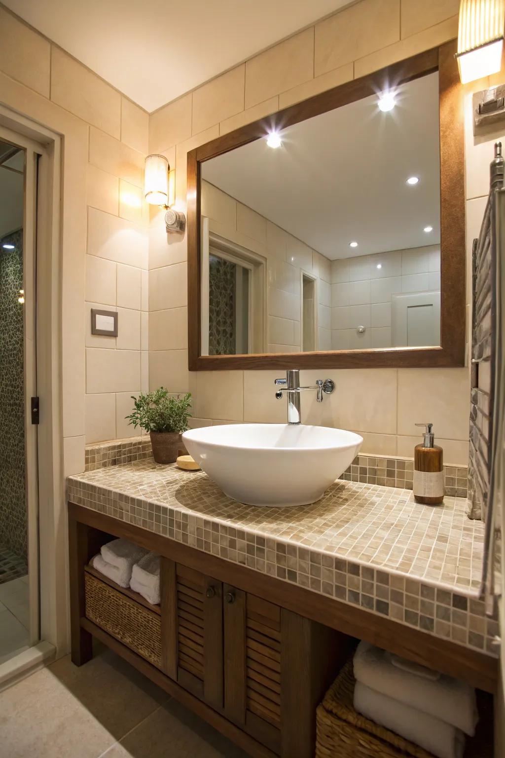 A vessel sink adds elegance to a tiled countertop.