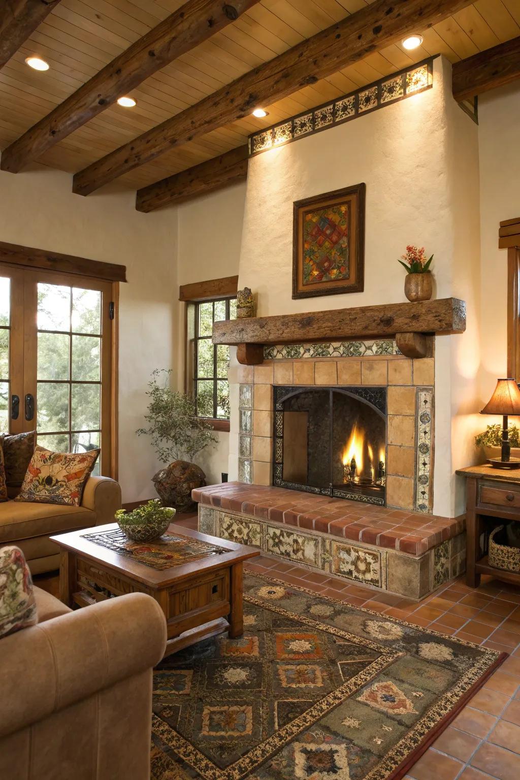 Rustic charm: a natural wood mantel complements earthy tiles perfectly.