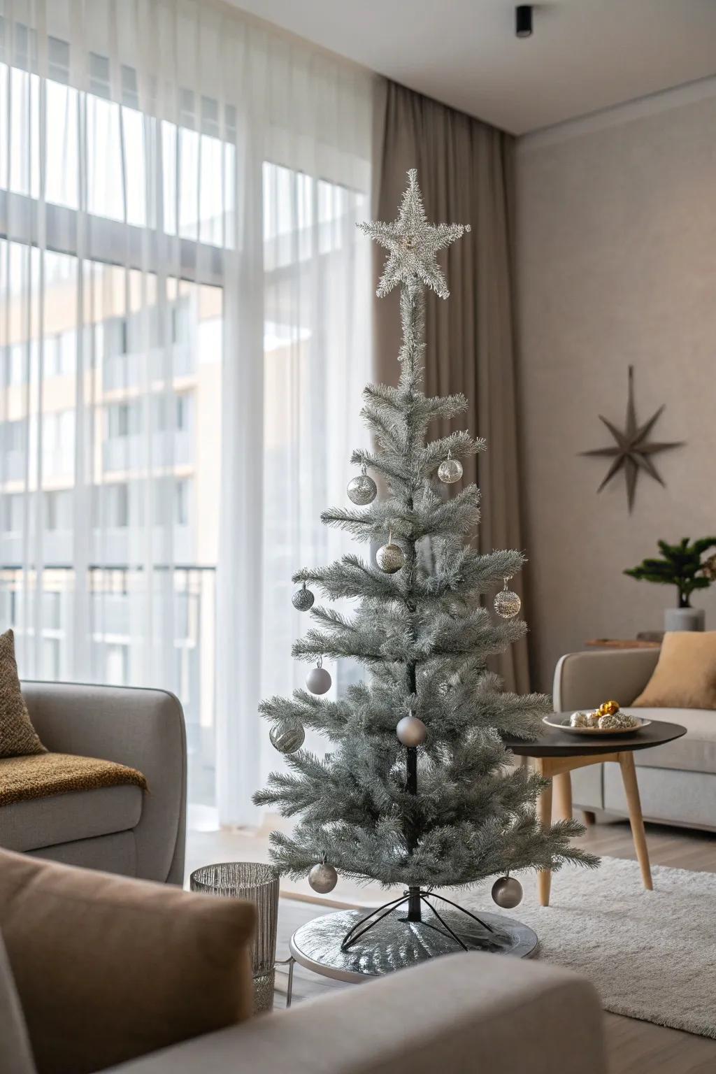 A modern living room showcasing a minimalist silver tinsel Christmas tree.