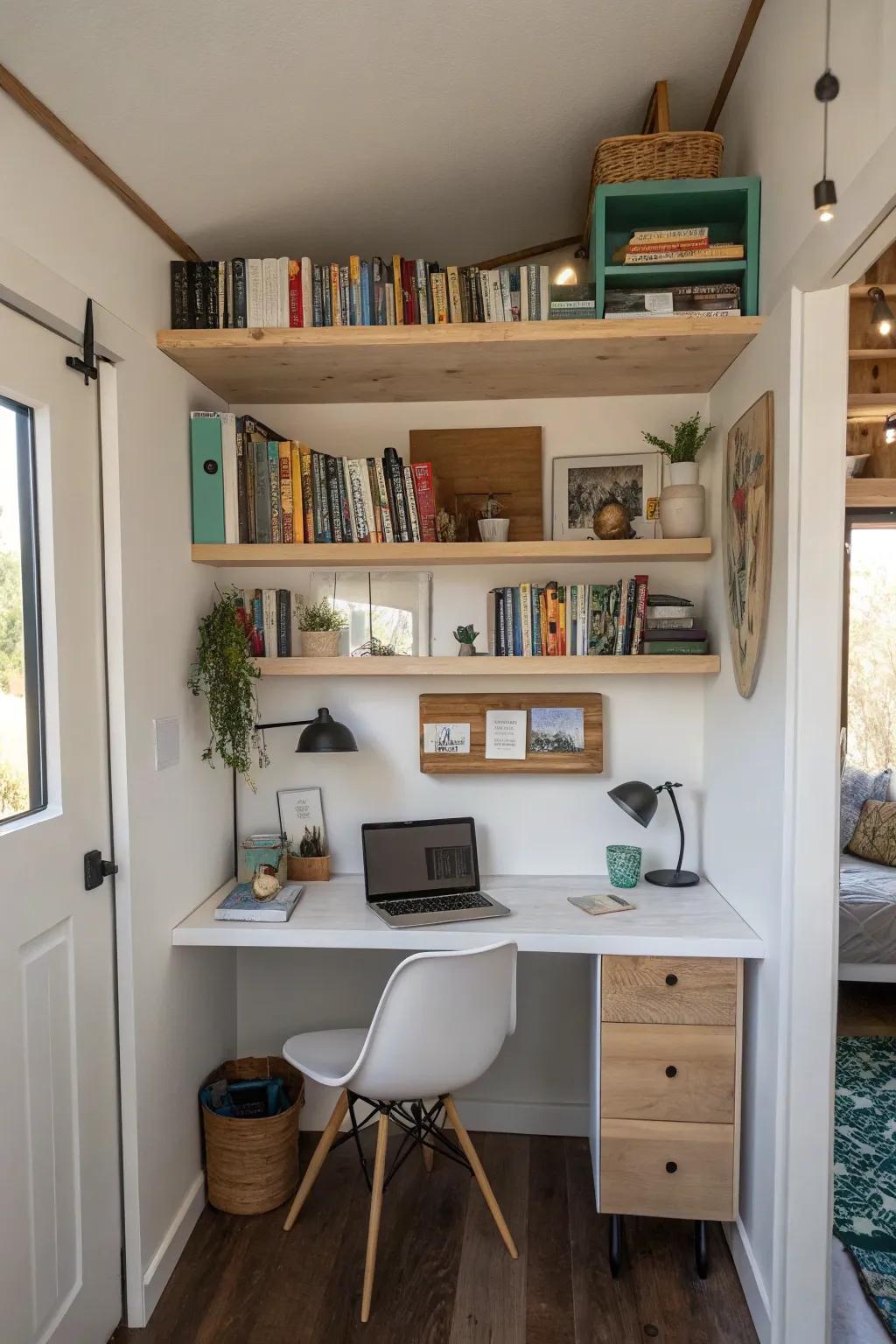Integrated shelving keeps the workspace organized and tidy.