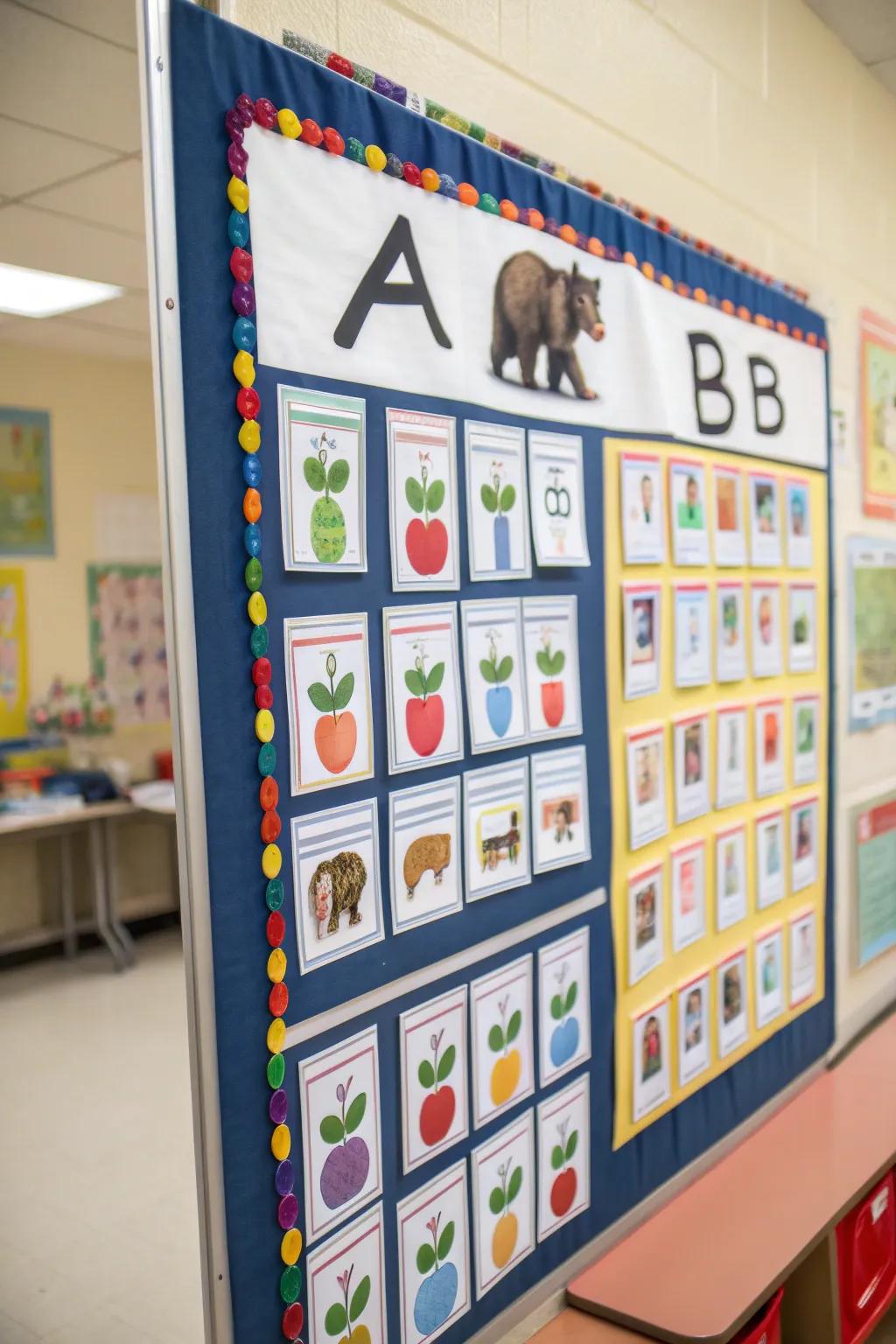 An alphabet-themed board with letters and matching images.