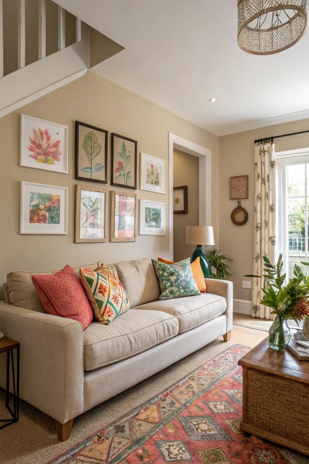 Neutral living room with colorful accents