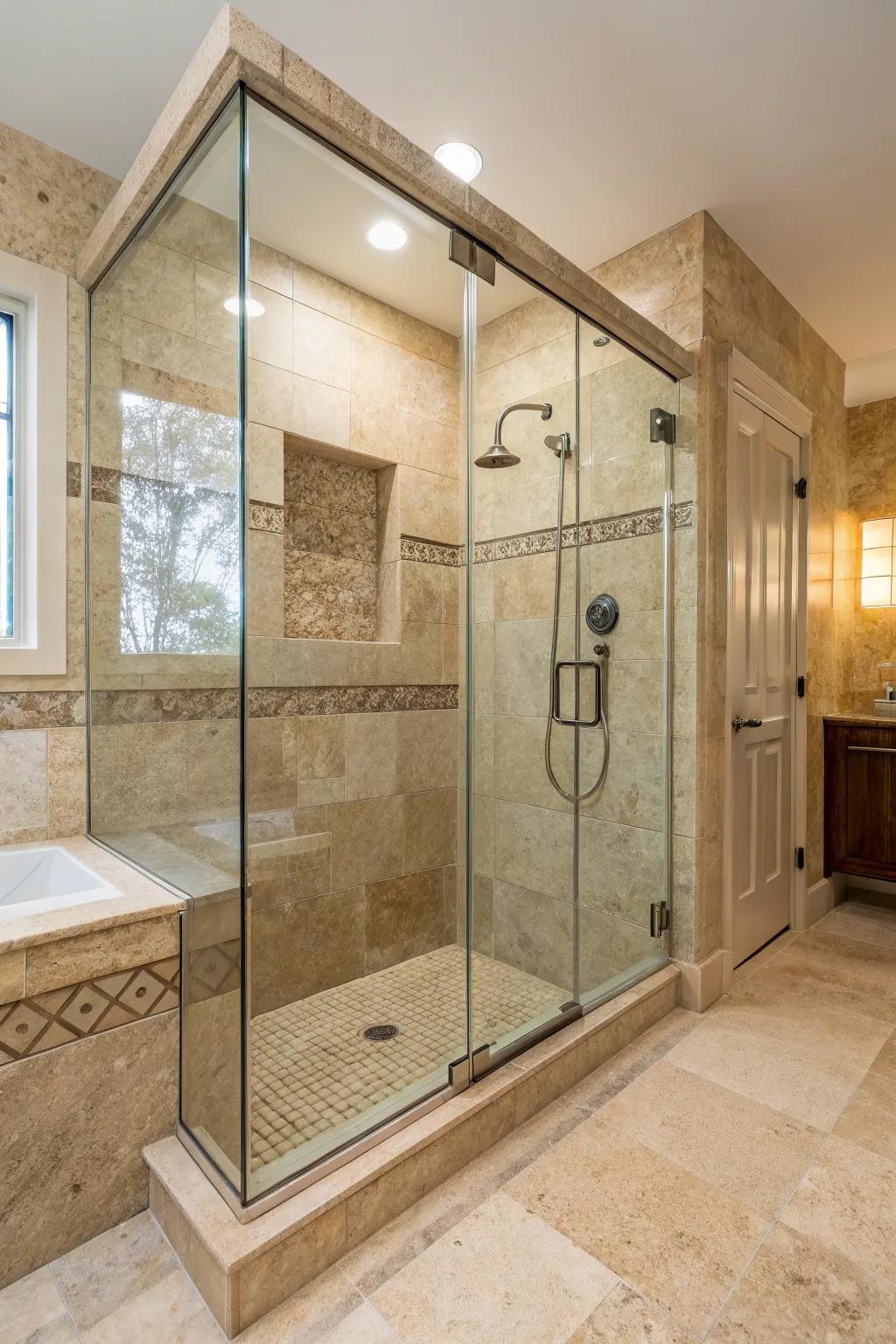 A spa-like walk-in shower with travertine walls and a clear glass enclosure.