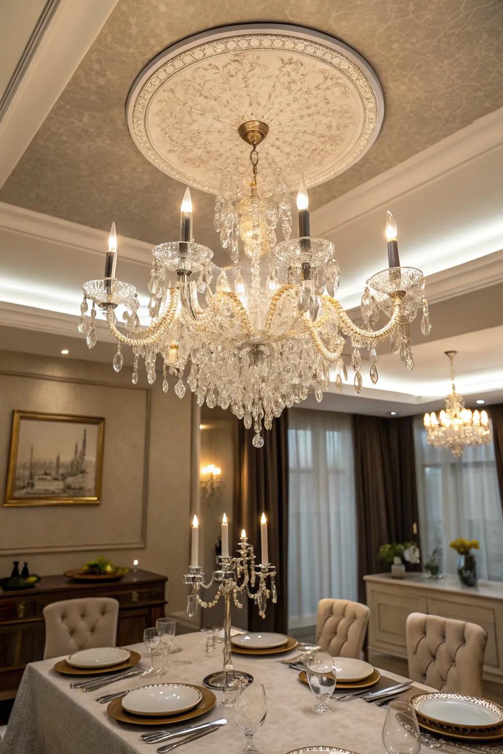 A dining area where a grand chandelier adds elegance to a tray ceiling.