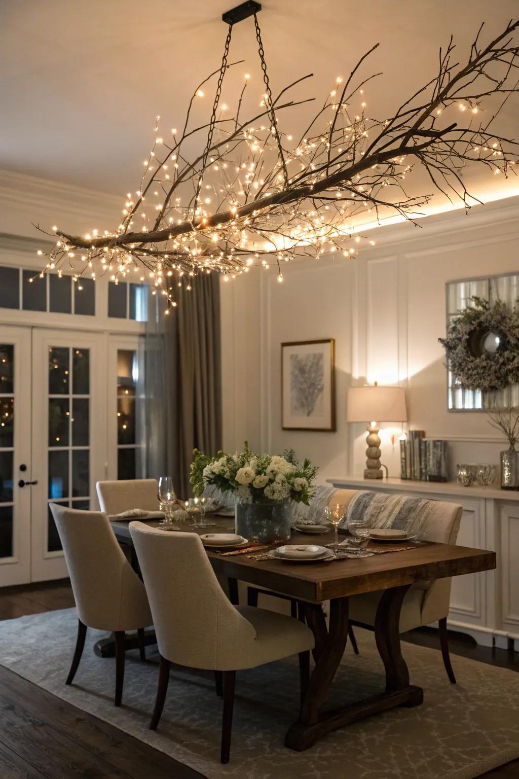 A magical branch chandelier with glowing fairy lights.