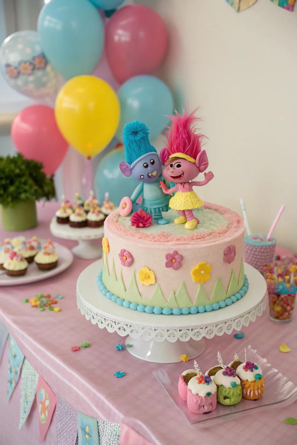 A fun cake decorated with delightful Trolls character toppers.