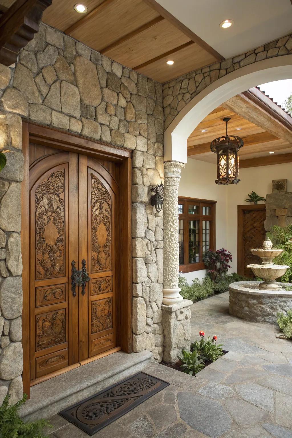 Natural materials like wood and stone add warmth to the entryway.