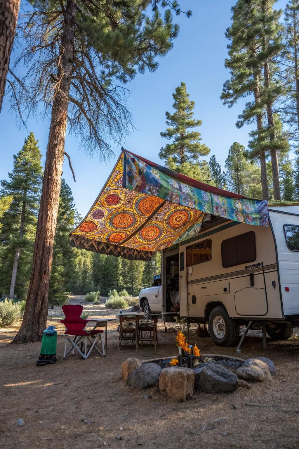 A charming DIY awning giving a truck camper a splash of personality.