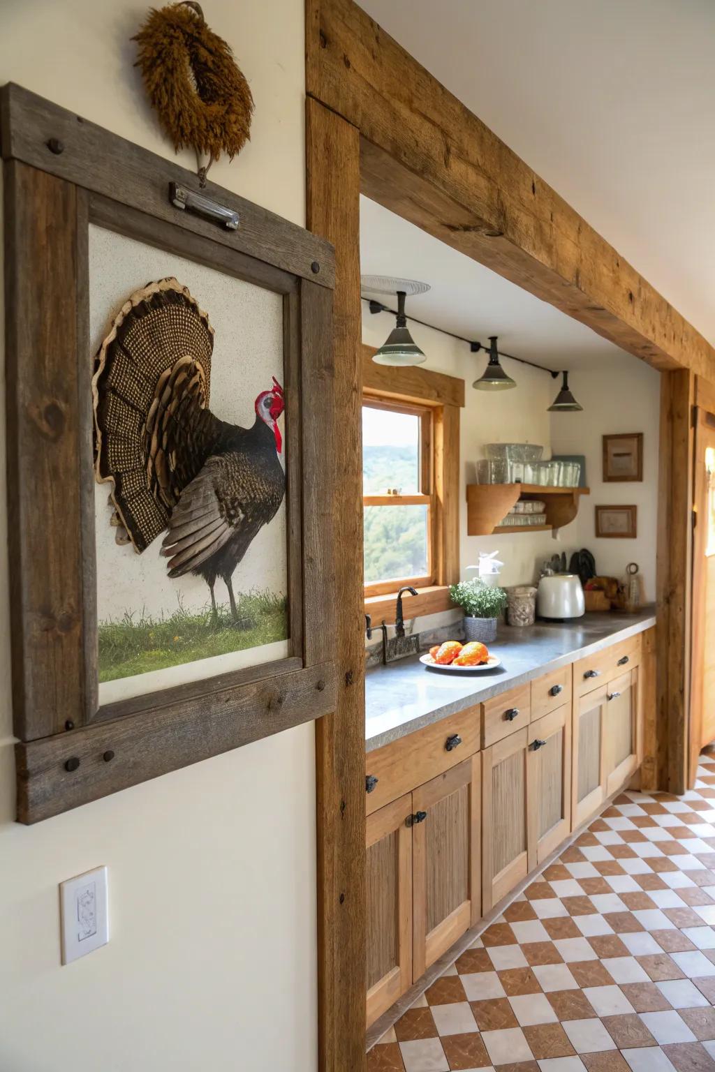 A turkey fan in a rustic barnwood frame, perfect for a farmhouse aesthetic.