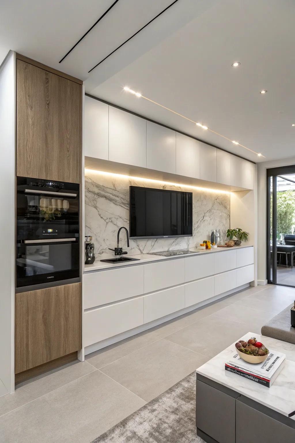 A kitchen with a TV neatly built into cabinetry, maintaining a sleek look.