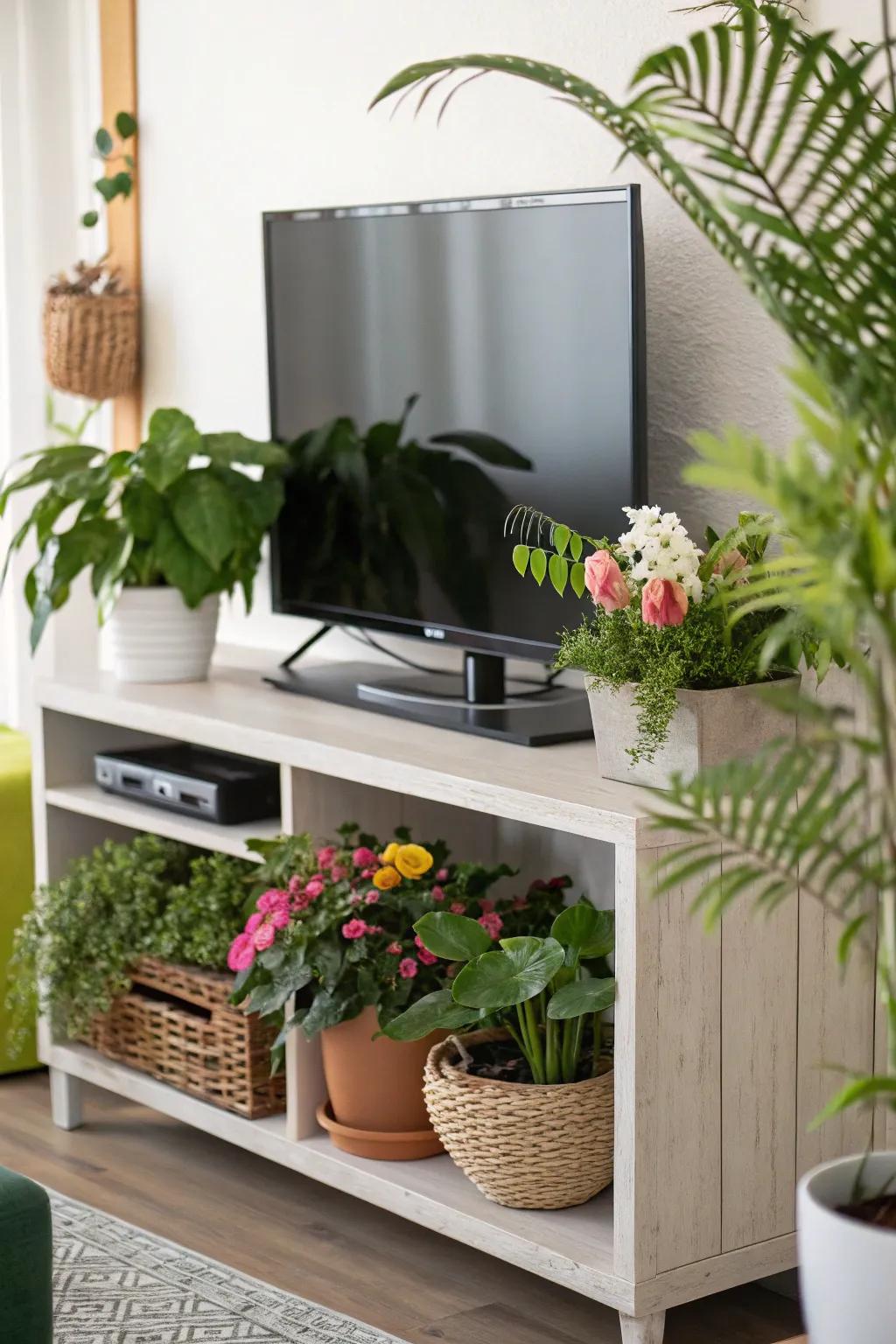 TV stand decor with a vibrant touch of greenery.