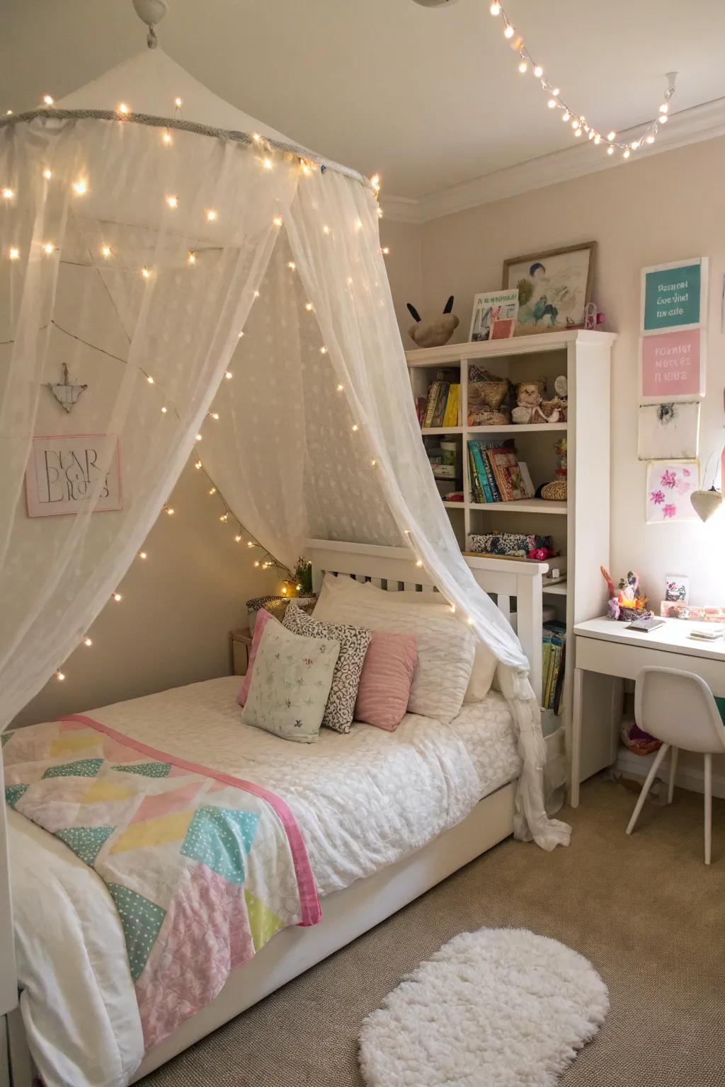 A cozy bed with a whimsical canopy and fairy lights.