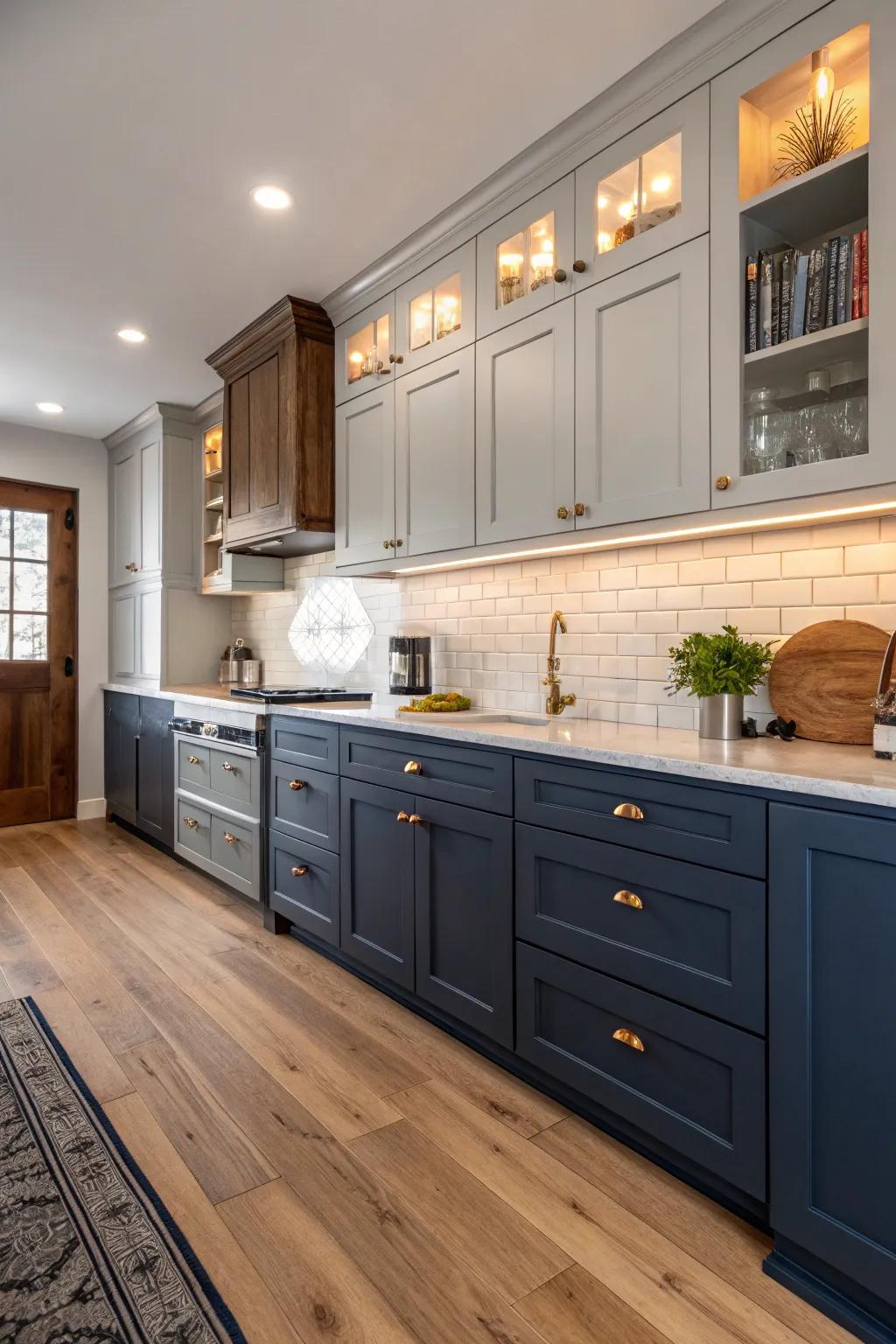 Elevate your kitchen with a navy and gray palette.