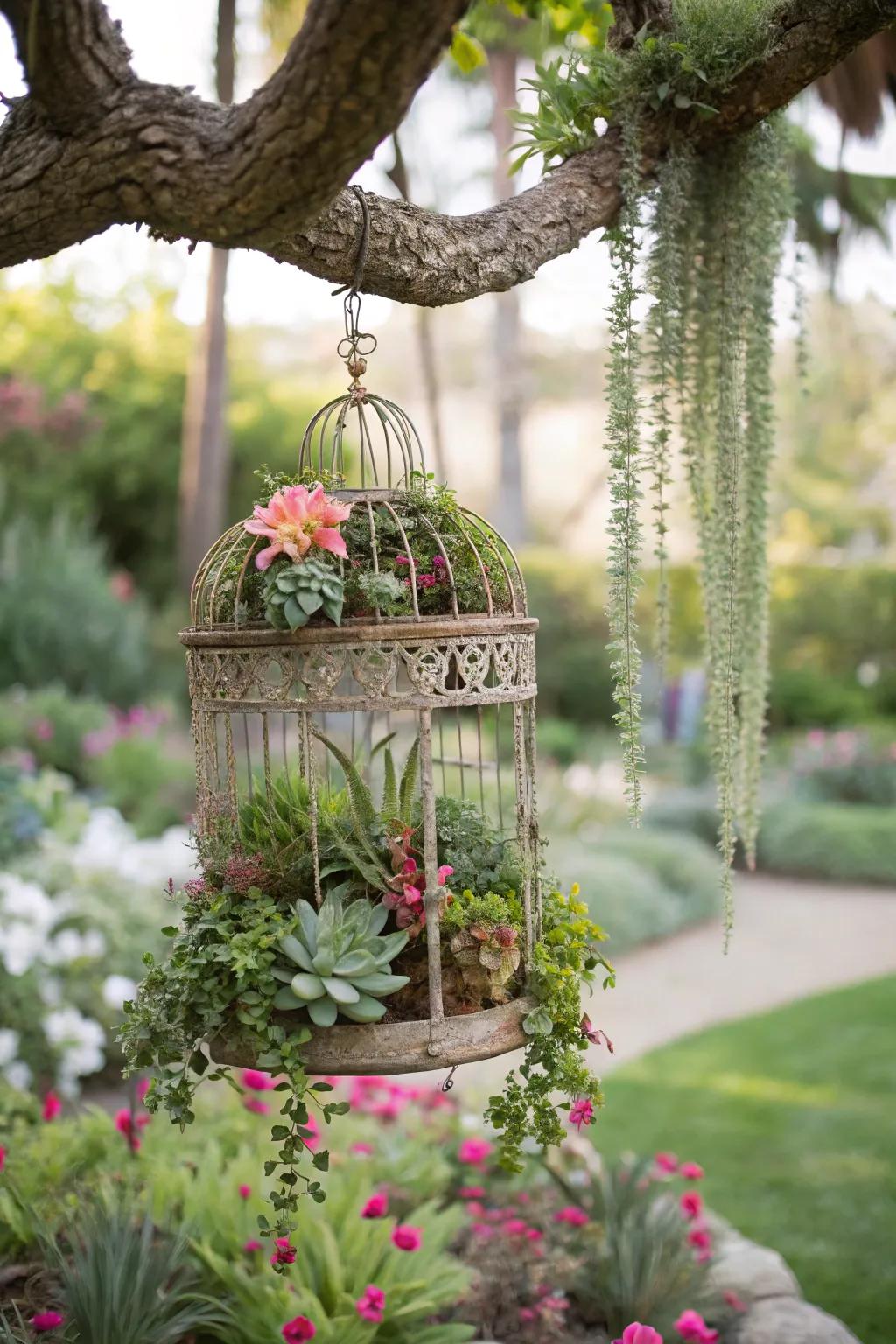 A vintage birdcage transformed into a whimsical succulent garden.