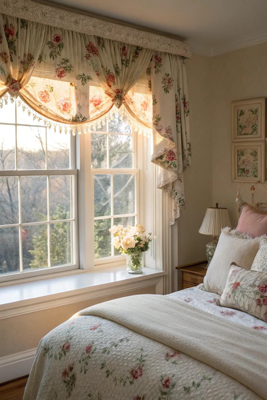 A window with a vintage-inspired floral valance in a cozy bedroom.