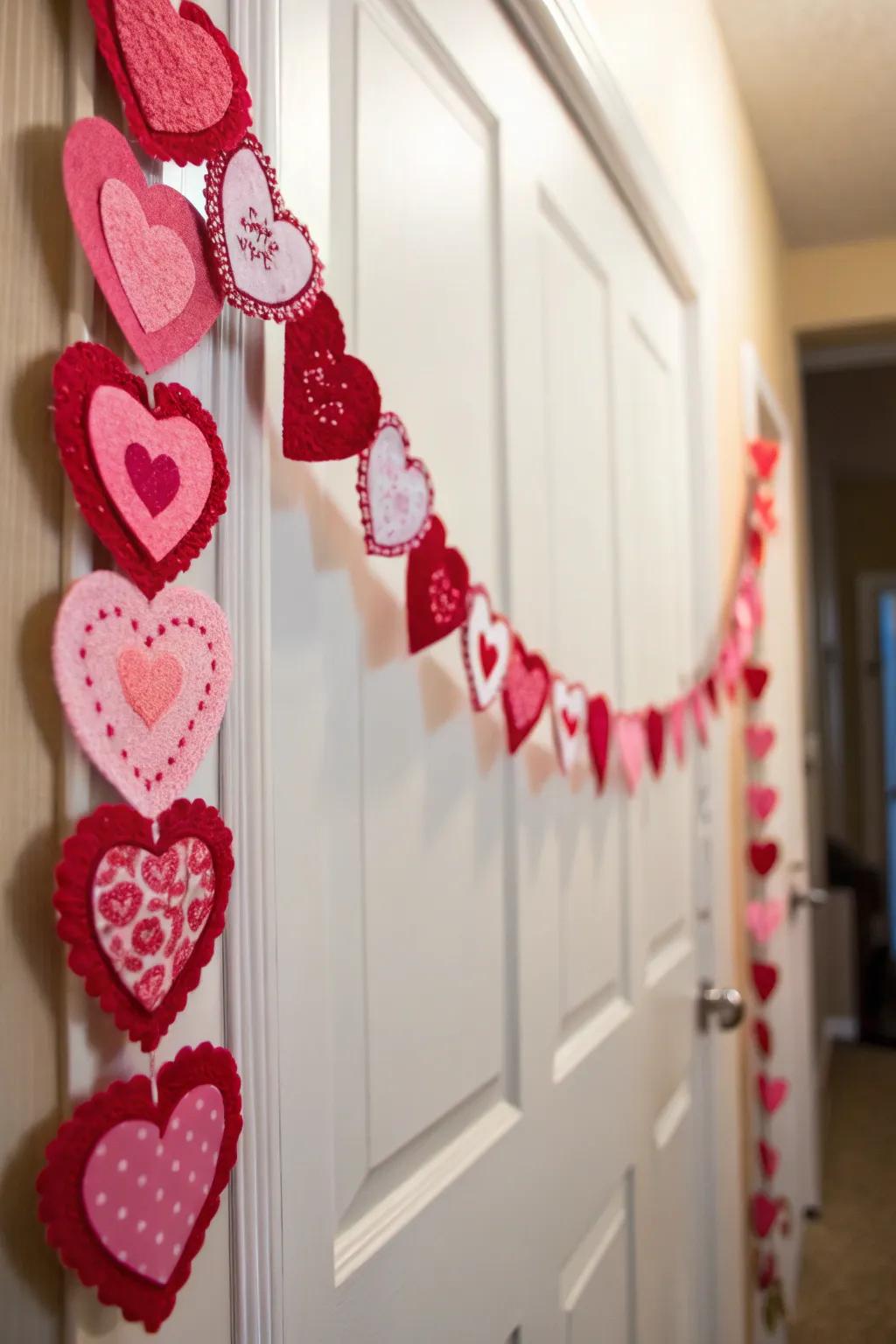 A whimsical sweetheart garland adds festive flair to the doorway.