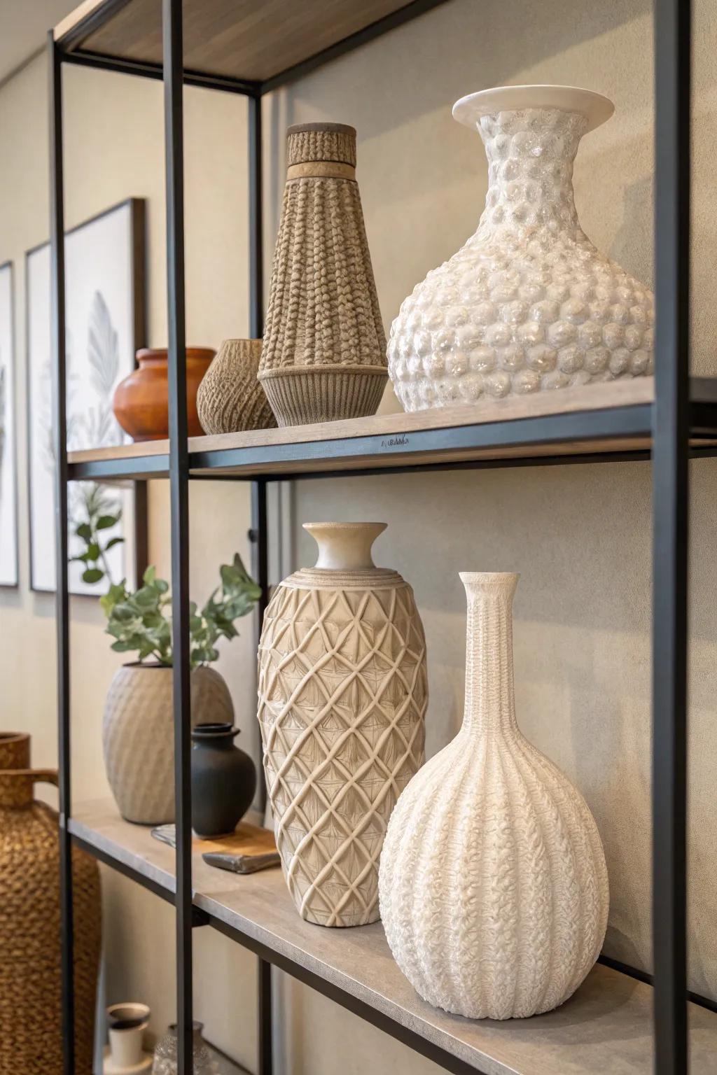 Textured vases bring variety and interest to a simple shelf.