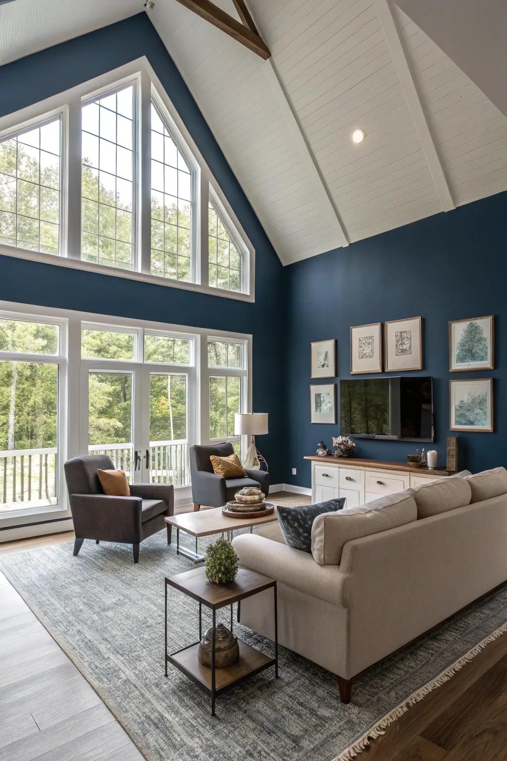 Modern living room with a dark blue accent wall and vaulted ceiling