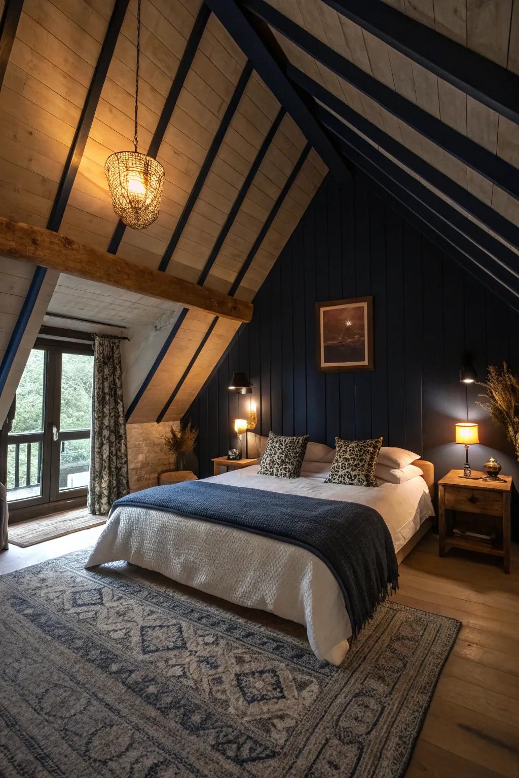 A dark vaulted ceiling adds drama and coziness to a bedroom.