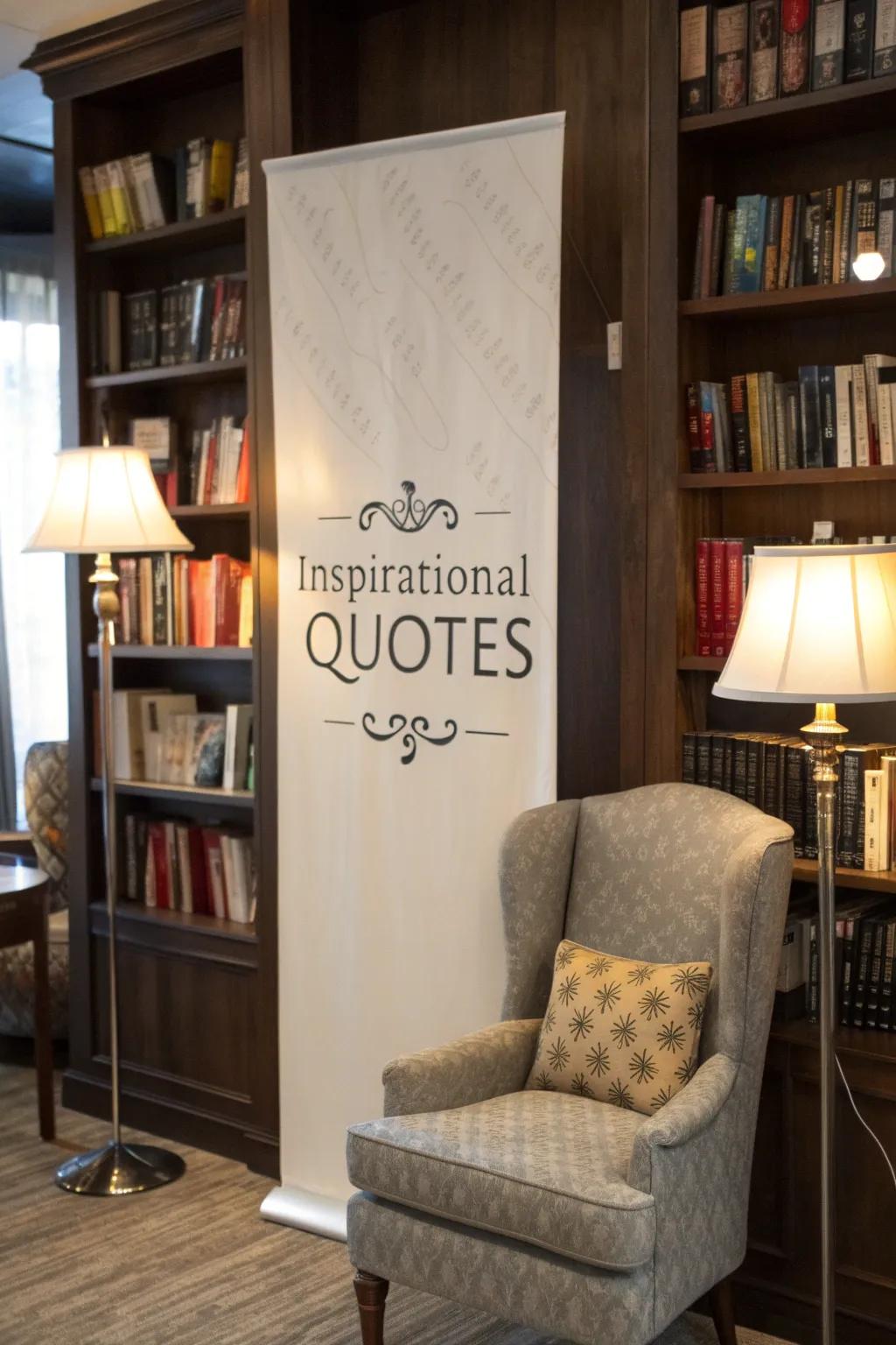 An inspirational quote banner brings positivity to a cozy reading corner.