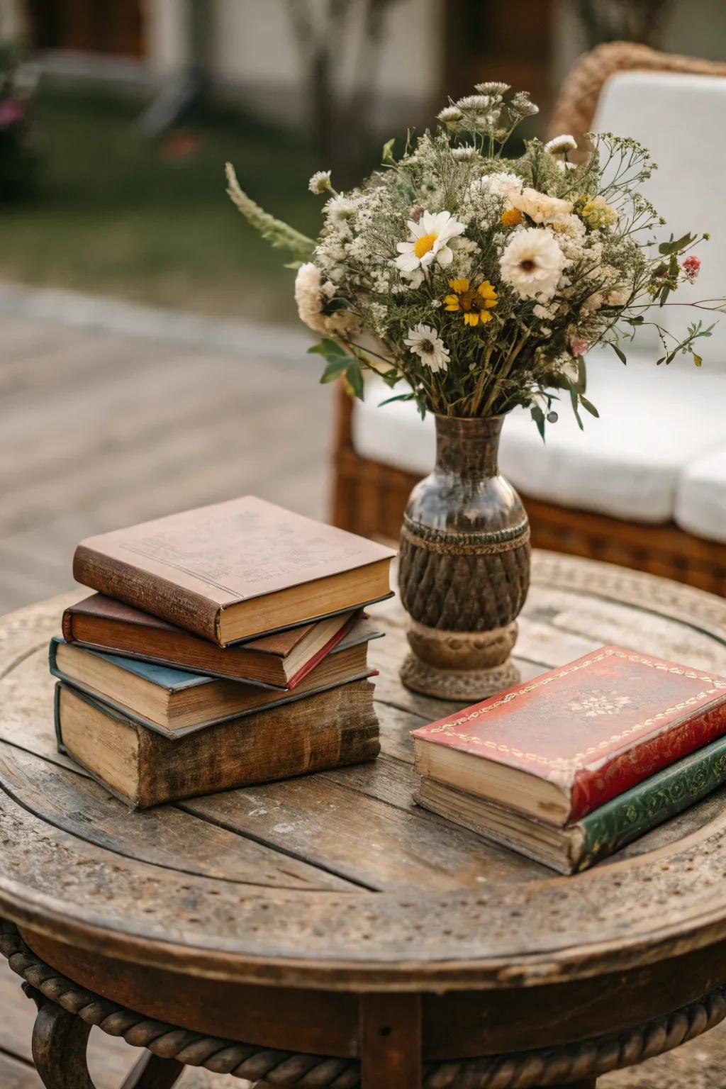 A vintage wooden coffee table adorned with books and a vase.