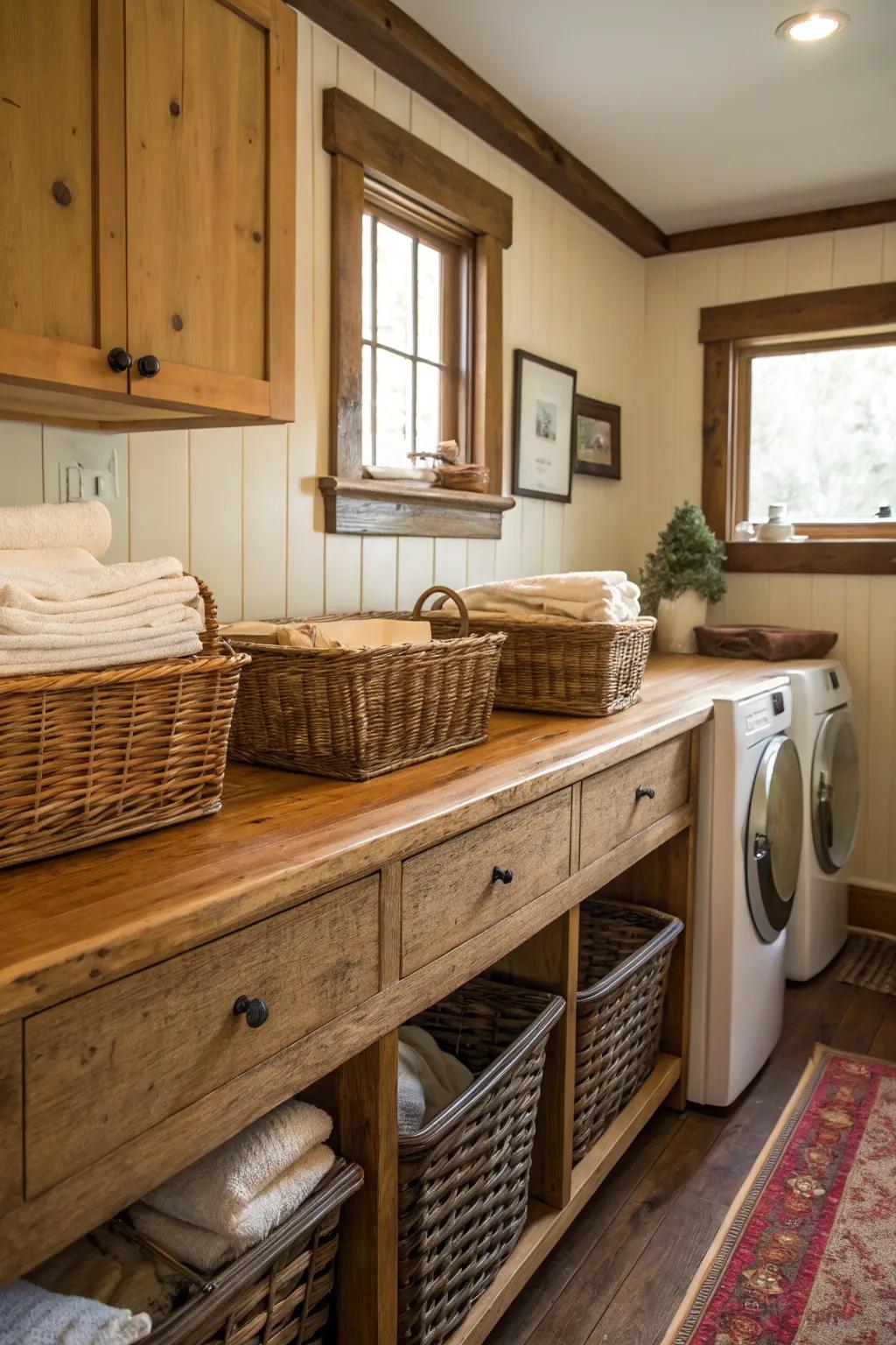 Charming wooden countertops paired with vintage storage solutions.