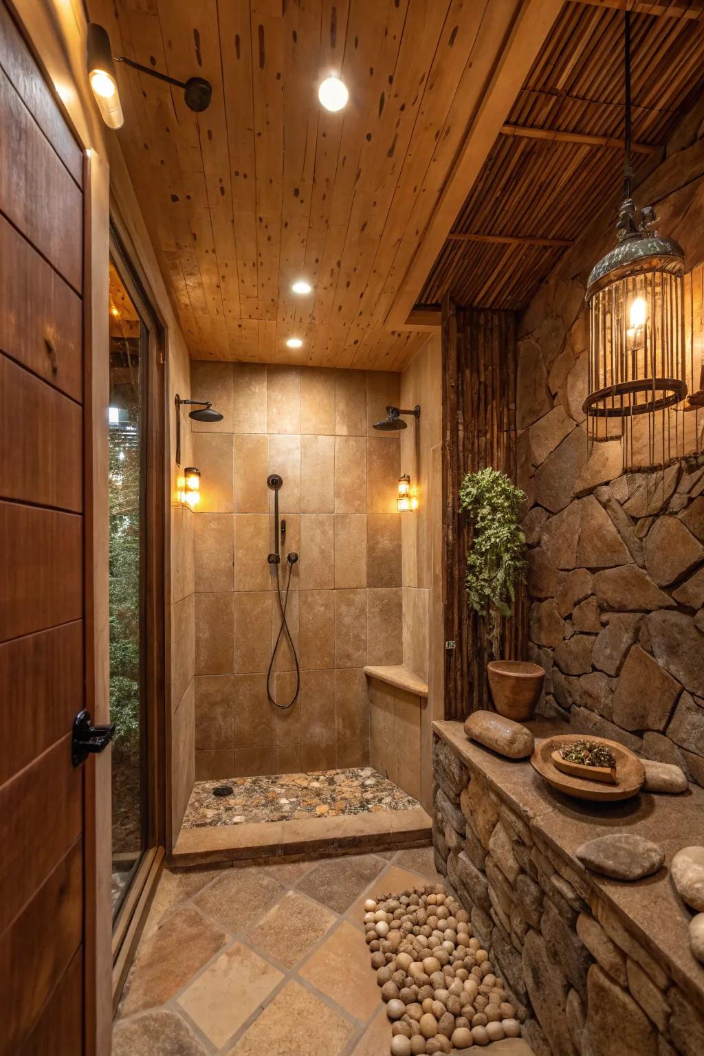 Shower featuring an earthy color palette with soft lighting.