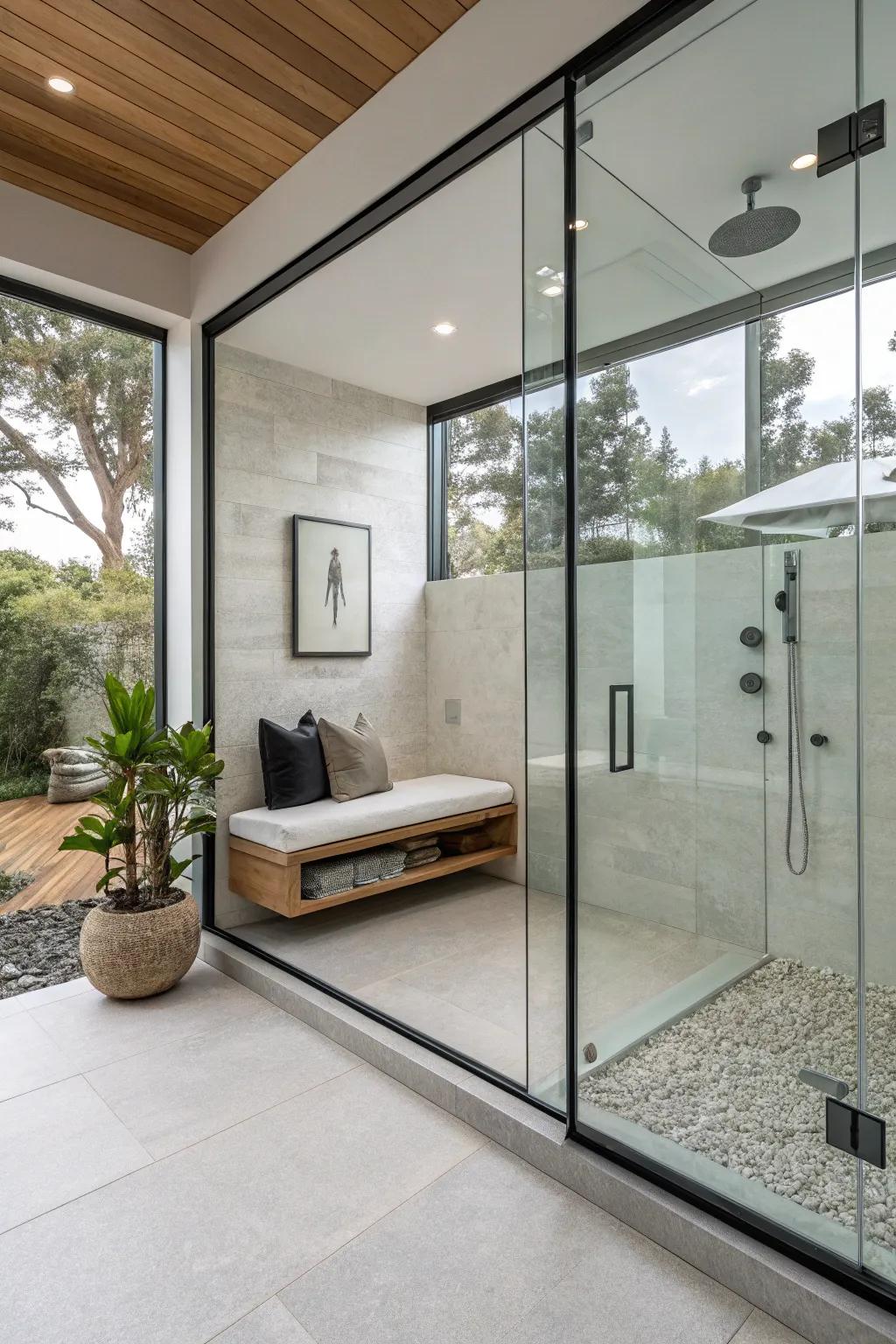 A contemporary floating bench design enhances the modern aesthetic of the shower.