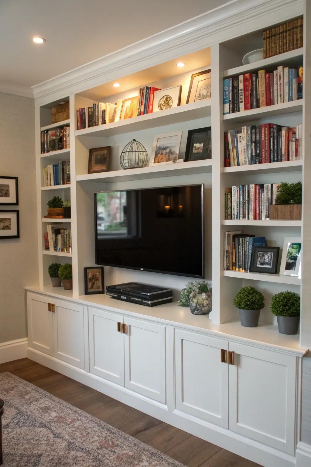 Built-in shelving creates a seamless and practical TV wall.