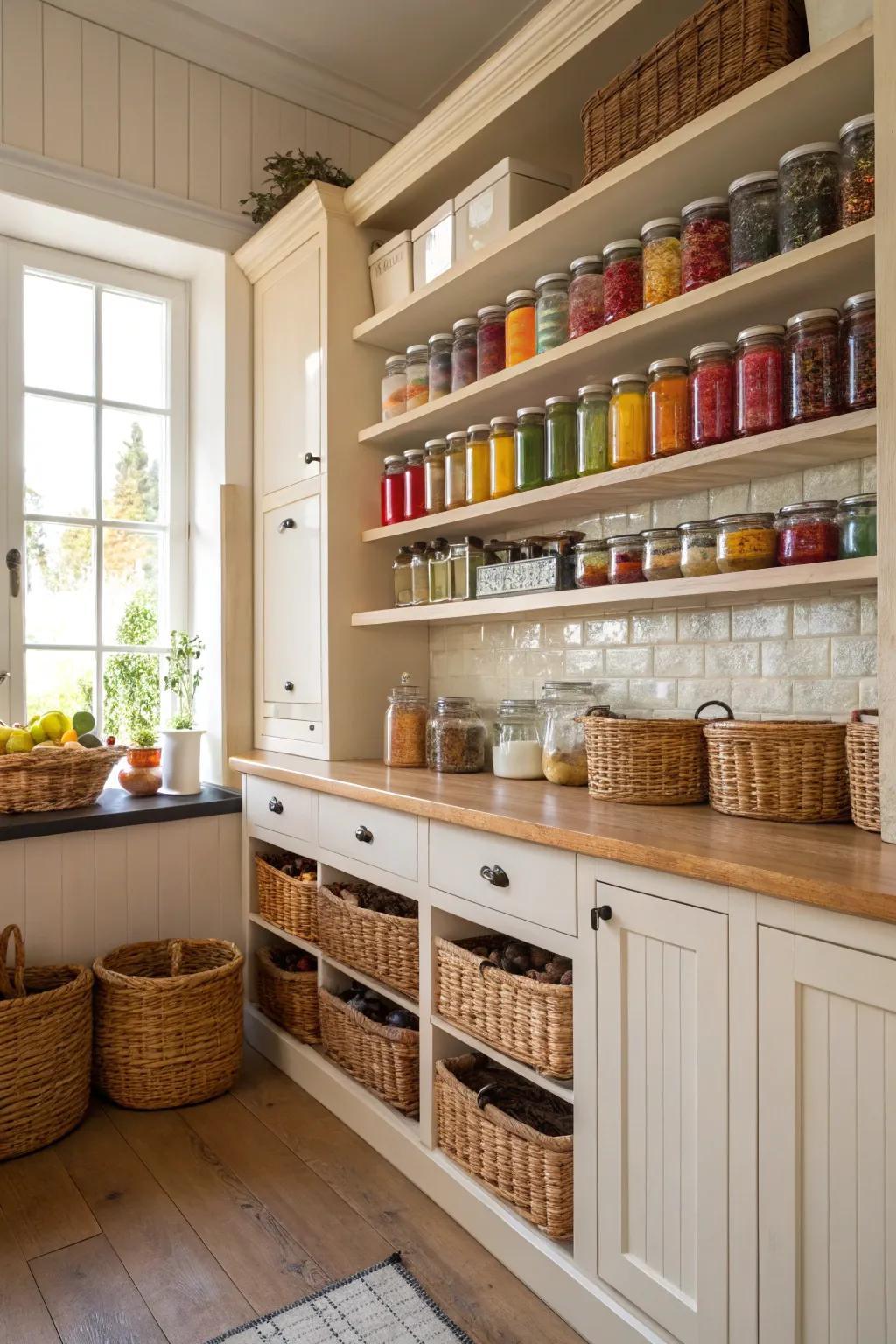 Open shelving with beautifully organized jars and baskets.