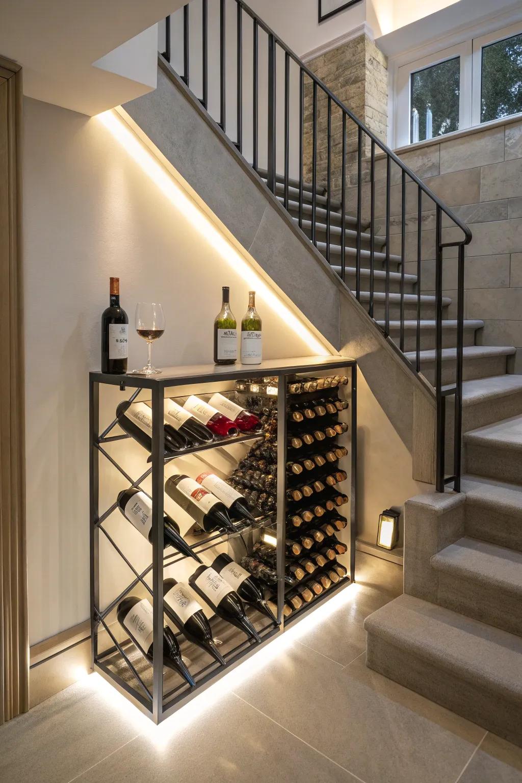 A chic wine storage area under the stairs is perfect for entertaining.