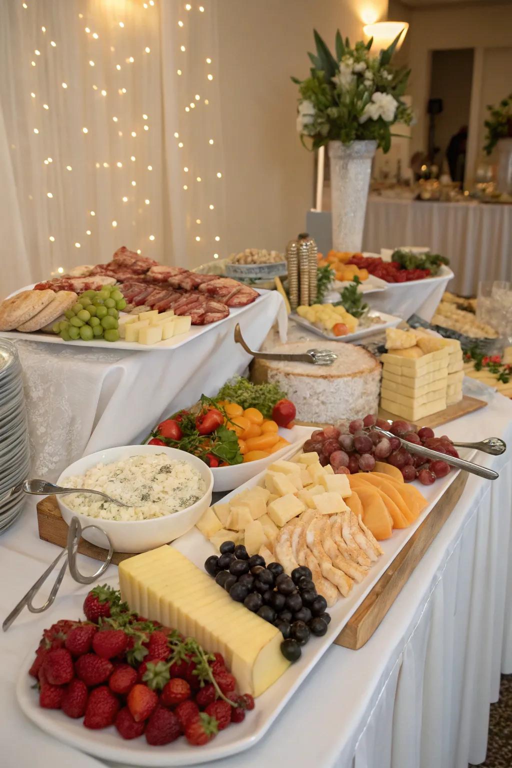 A sumptuous buffet-style setup for a wedding breakfast, offering a variety of delicious choices.