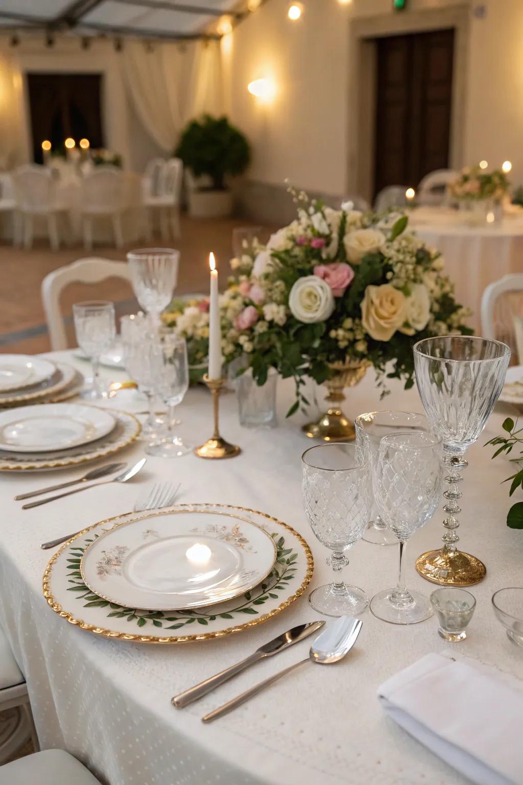 An elegantly set wedding table with fine china and glassware, perfect for a chic wedding reception.