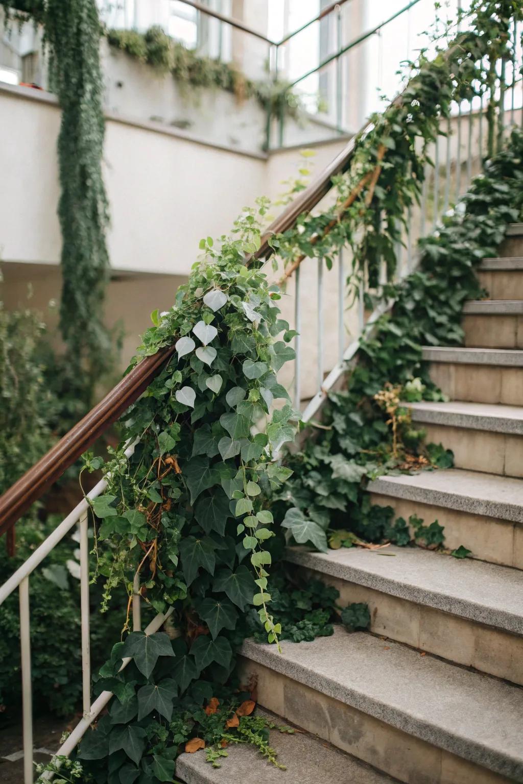 Eucalyptus and ivy bring a fresh, natural vibe to this wedding staircase.