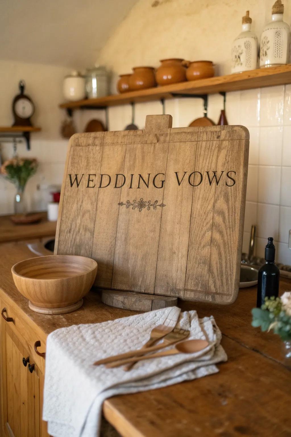 Rustic charm with engraved wooden vows in a cozy kitchen.