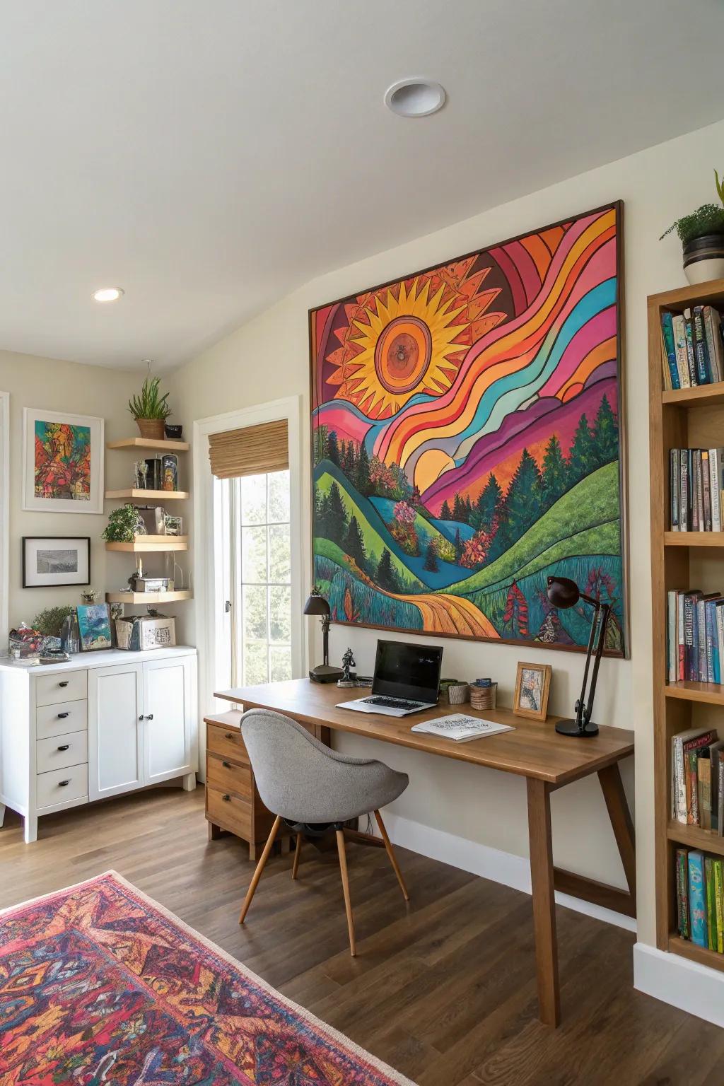 A psychedelic landscape painting that transforms a space with its vibrant colors.