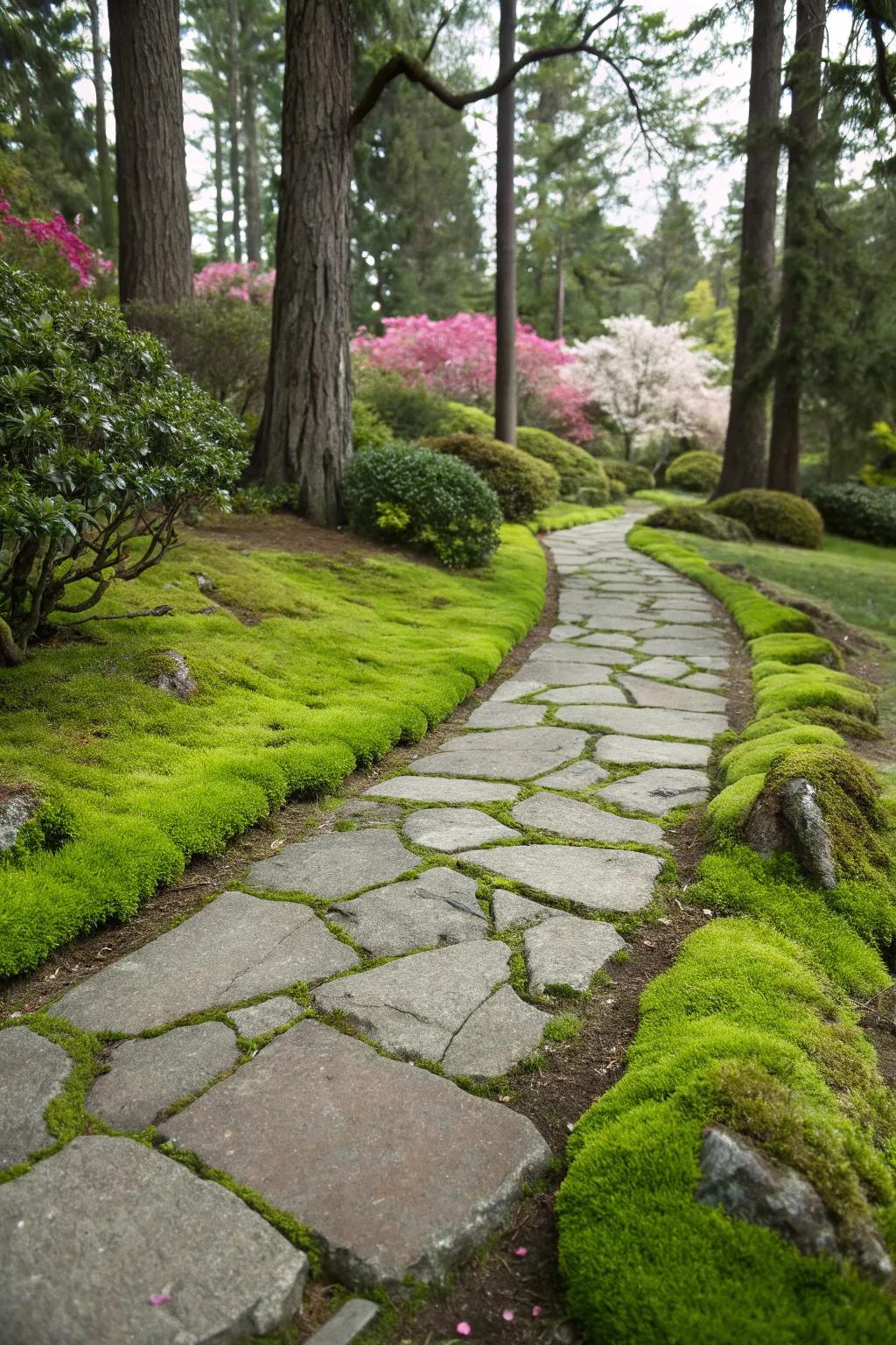 Lush moss between flagstones adds a touch of greenery and softness.