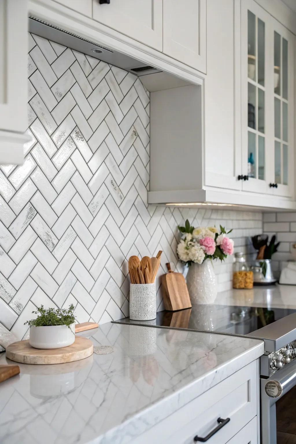 White herringbone tiles adding texture and elegance.