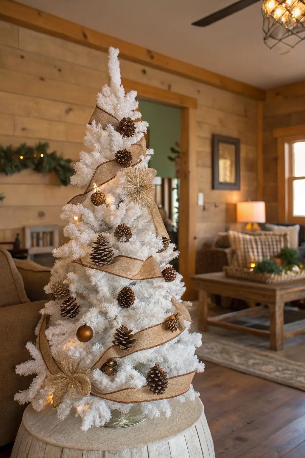 Rustic charm with burlap and pinecone decorations on a white Christmas tree.