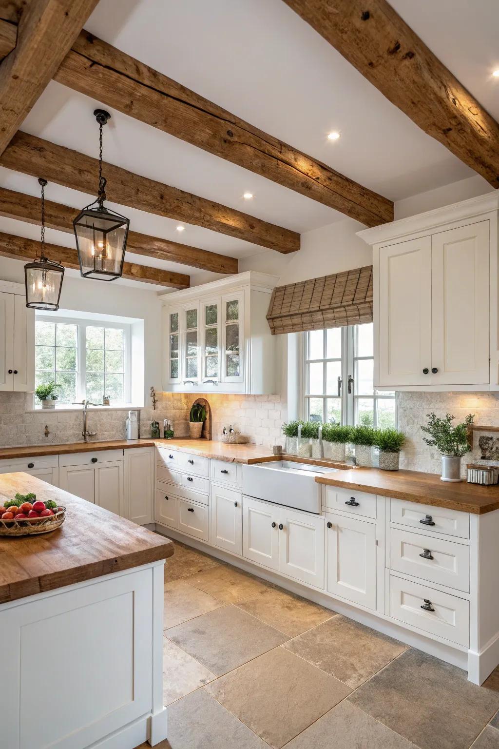 Natural wood accents complement the crisp white of the cabinets.