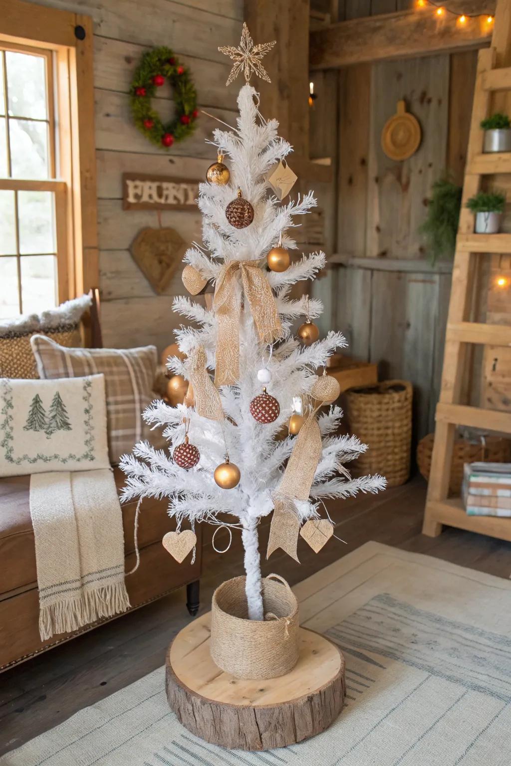A Scandinavian-inspired white pencil tree with wooden and burlap accents.