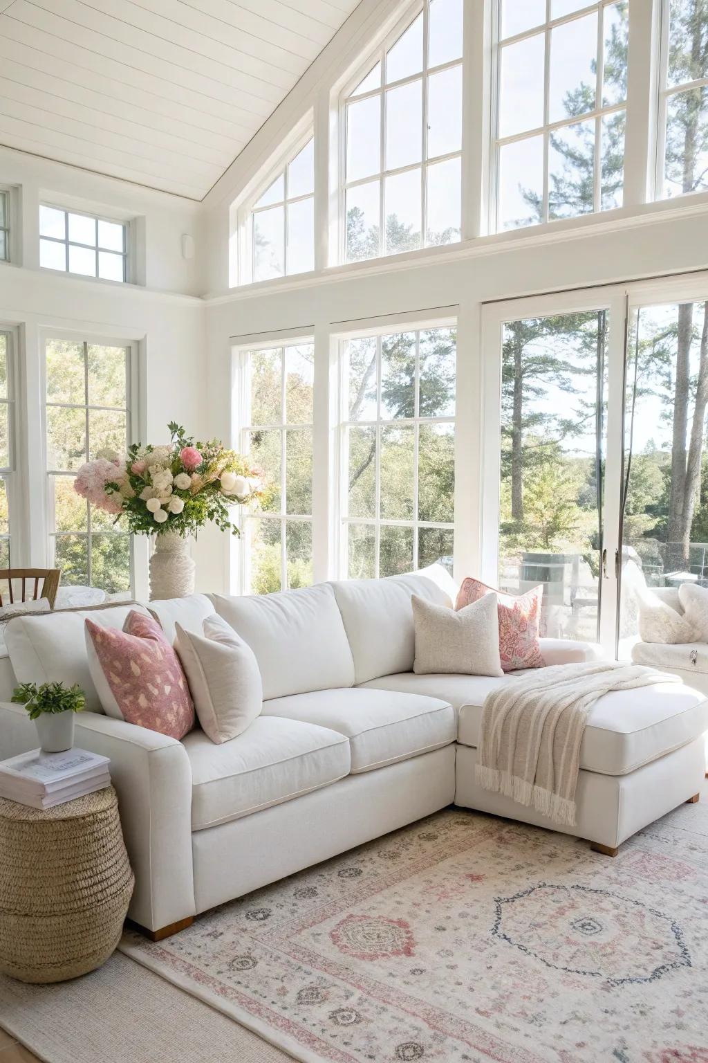 Natural light floods a living room with a white sectional.